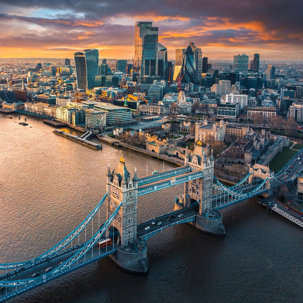 Aerial view of London and Tower Bridge